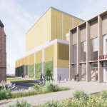 Schets van stadszijde van het nieuw te bouwen stadstheater